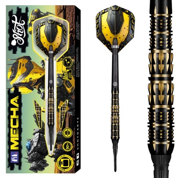 Futuristisch design en aerodynamica van de Shot Softtip AI Mecha 90% darts.