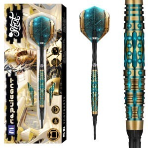 Een set Shot Softtip AI Replicant 90% darts, liggend op een witte achtergrond. De darts zijn in close-up te zien, met zicht op de unieke grip en het futuristische design.