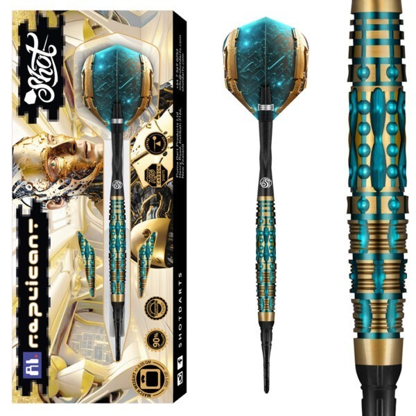 Een set Shot Softtip AI Replicant 90% darts, liggend op een witte achtergrond. De darts zijn in close-up te zien, met zicht op de unieke grip en het futuristische design.