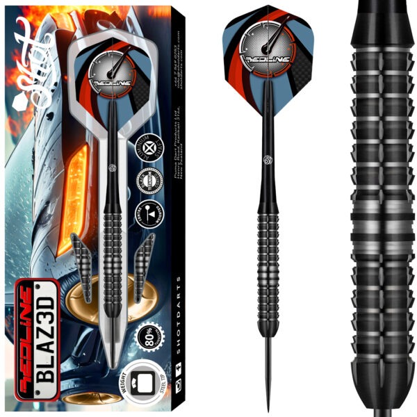 shot redline blazed 80% darts verpakking met daarnaast een detail van de dartpijl en een detail van de barrel