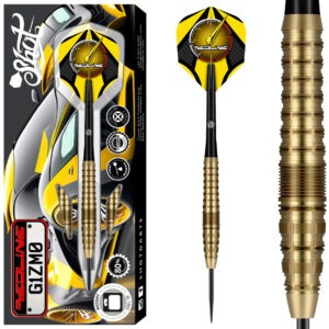 Een set Shot Redline Gizmo 80% darts met een raketvormig barrel en een gouden titaniumcoating. Details: Merk: Shot Darts Model: Redline Gizmo 80% Materiaal: 80% tungsten Barrelvorm: Raketvormig Coating: Gouden titanium Beschikbare gewichten: 23 gram, 24 gram, 25 gram Kenmerken: Optimale grip, gestroomlijnde worp, precisie, unieke look